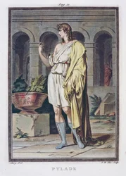 Pílades, traje para «Andrómaca» de Jean Racine, do volume I de «Investigação sobre os trajes e o teatro de todas as nações», gravado por Pierre Michel Alix (1762-1817), 1802